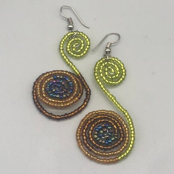 3/$30 Handmade Beaded Spiral Earrings Colorful Statement Dangle Tribal Style - Picture 1 of 8